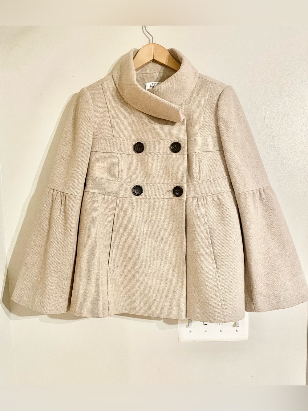 Vtg ANN TAYLOR LOFT Bell Sleeves Pea Coat Jacket Brown Sz 6P 50s Style 4 Button